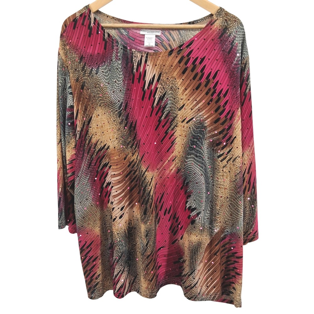 Rebecca Malone Woman 2X Tunic Top Sequin Abstract Print Fuchsia Gold‎ Stretch